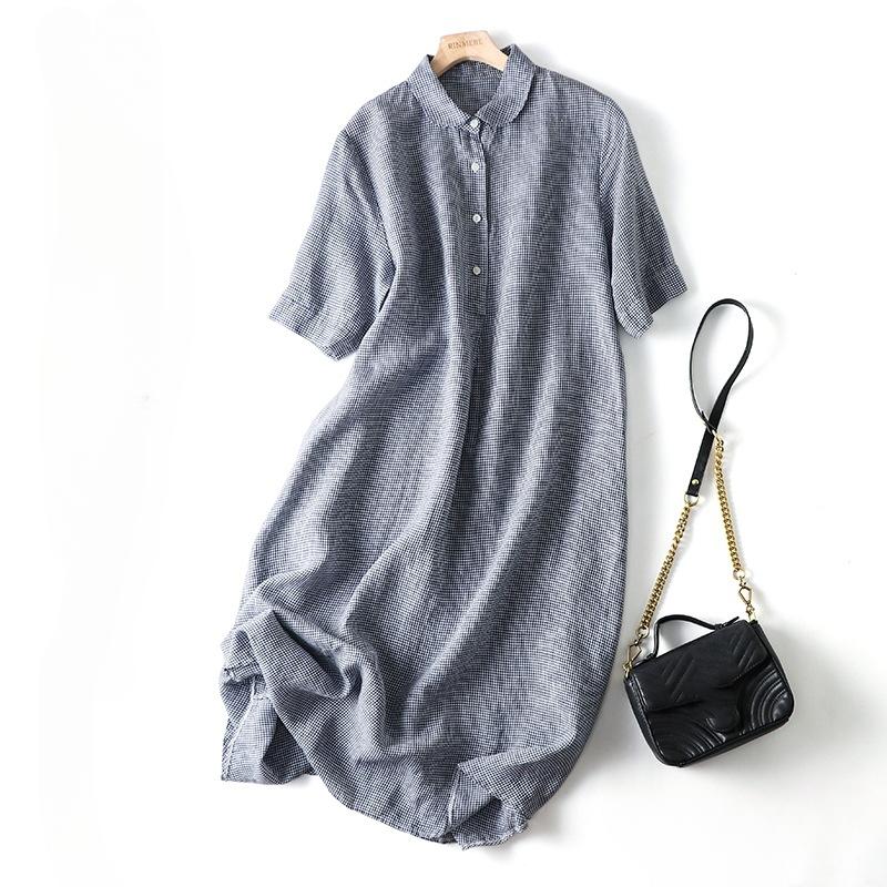 

Летнее свободное однотонное хлопковое льняное клетчатое платье с короткими рукавами и лацканами для женщин, повседневные платья средней длины XXL