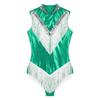 Womens Metallic Sleeveless Fringed Bodysuit Shiny Sequins Mock Neck Tassel Leotard for Latin Dance Performance