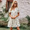 Chic Floral Print V Neck Short Sleeve Loose Dress Women Spring Autumn Fashion S-XL
