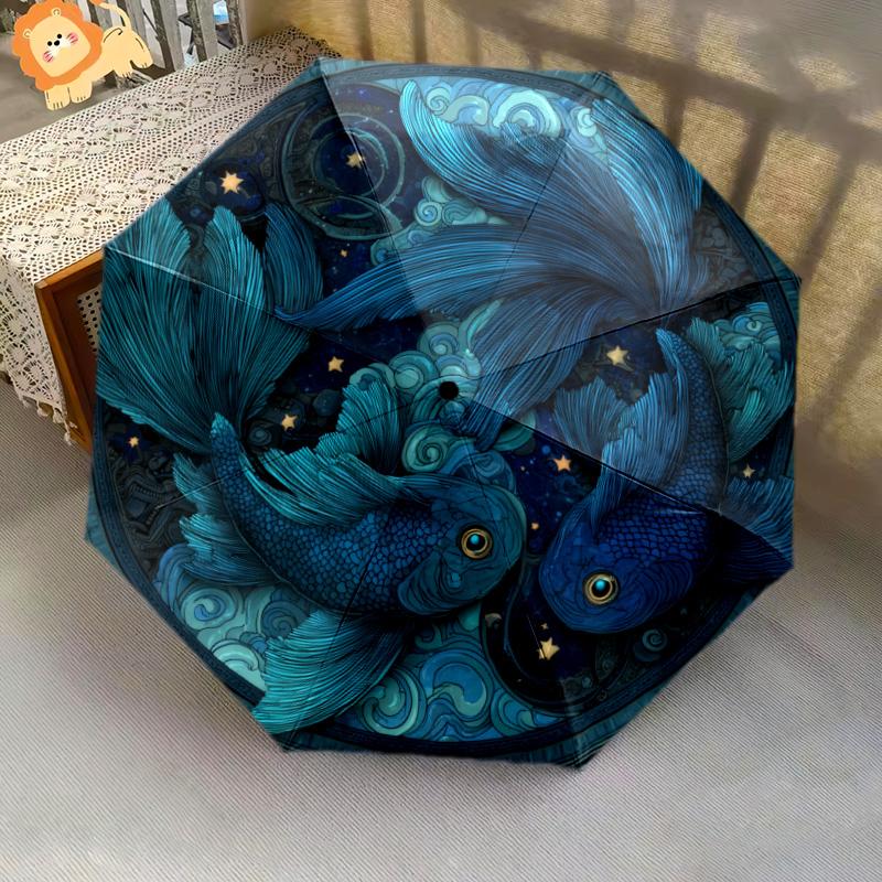 Starfish Pattern, Automatic Folding Umbrella, Portable and Foldable Design, 8 Ribs, a Christmas or Birthday Gift.