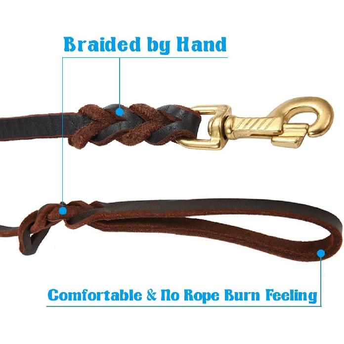 FOCUSPET Leather Dog Leash 6 Ft Leather Dog Training Leash Pet Braided Dog Leash for Large Medium Leads Rope Dogs Walking&Training (1/2 Inch,Brown)