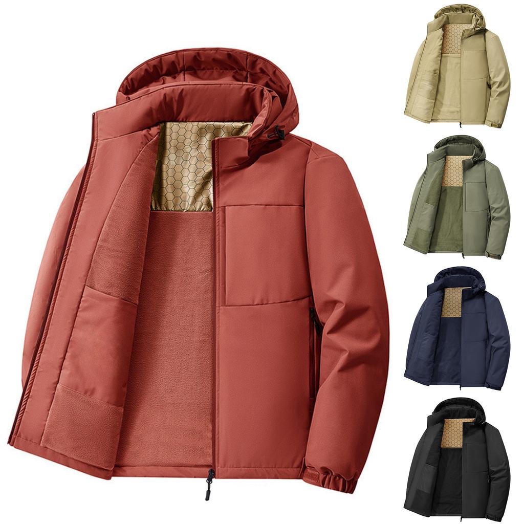 Men's Casual Solid-color Stand-up Collar Hooded, Fleece Thickened Loose Windproof Cotton Jacket