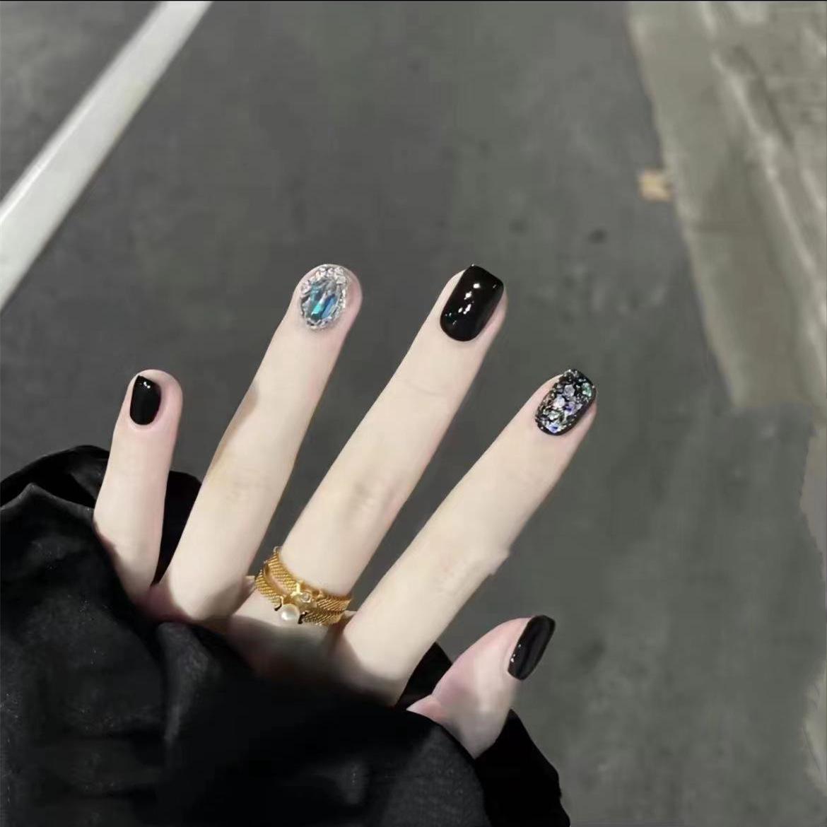 

Iridescent Black Rhinestone Gel Nail Art Patches – Handmade Glitter False Nails