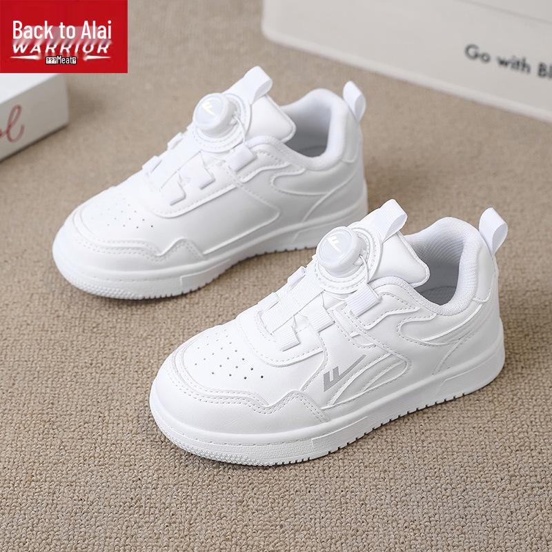 Warrior Kids' Winter 2025 White Leather Sneakers with Rotating Button for Boys and Girls - Versatile Casual Shoes