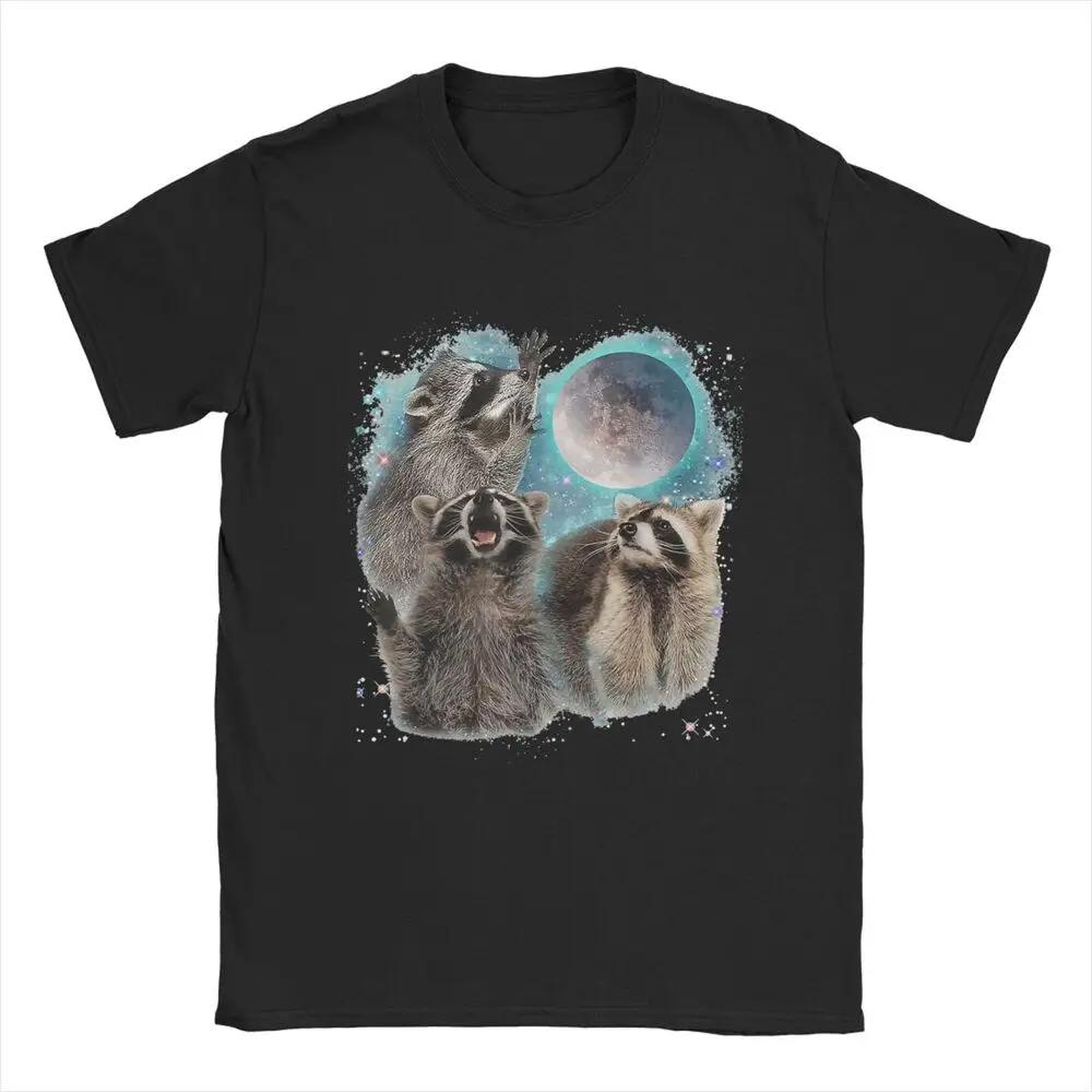 Raccoon 3 Racoons Howling At Moon T-Shirts Men Funny Weird Cursed Novelty 100% Cotton Tee Shirt Crewneck Short Sleeve T Shirts