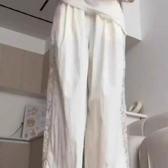 Korean Textured Cream Lace Openwork Pants - Women's Spring/Summer 2025 Petite Patchwork Casuals