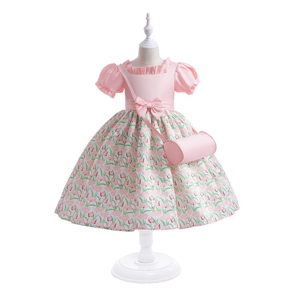 

Girls Puff Sleeve Formal Dress with Bag - Pleated Embroidery Princess Dress for Weddings or Performances 130cm (6Y)