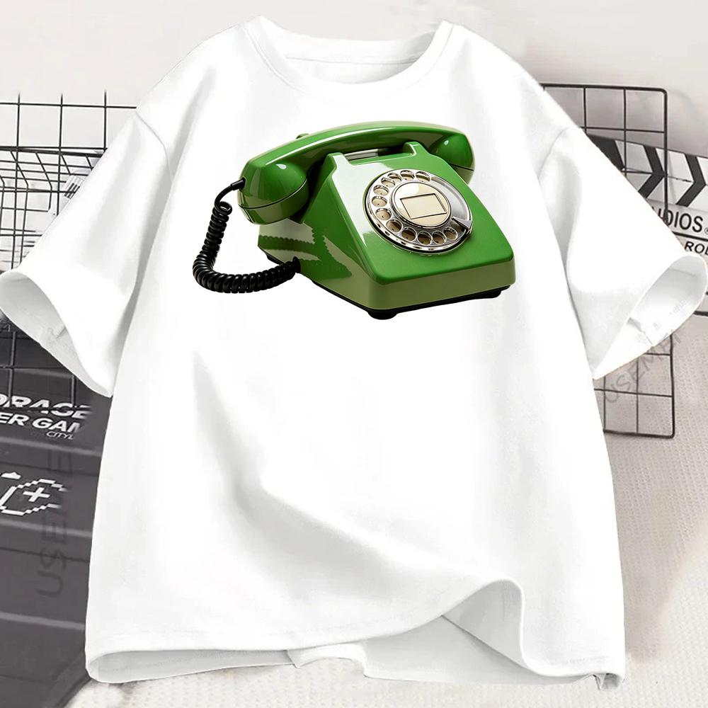 Vintage Green Rotary Phone Graphic TShirt Retro Telephone Print Casual White Tee Nostalgic Old School Communication Shirt