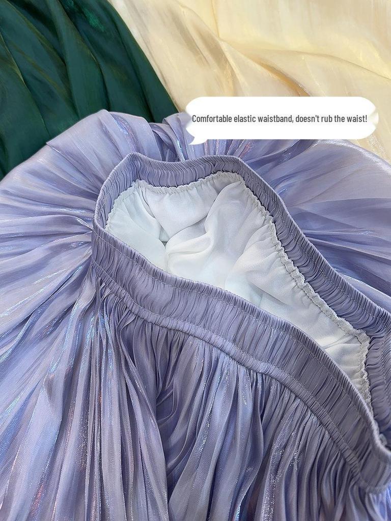 High-Waisted Retro Pleated A-Line Chiffon Skirt with Pearlescent Sheen