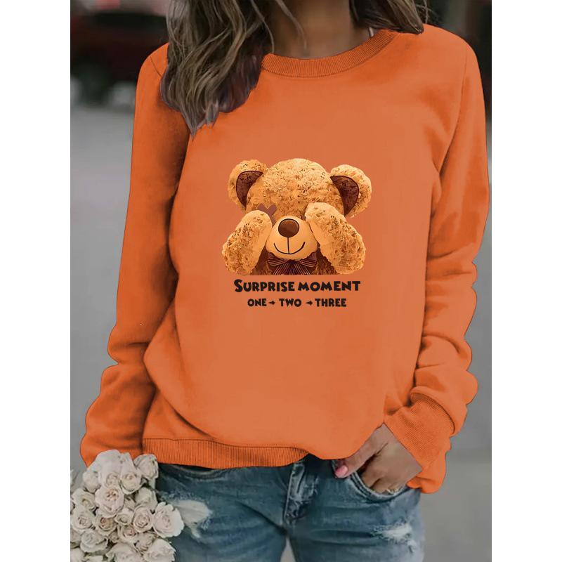 Women's Cartoon Bear Print Long-Sleeve Round Neck Pullover Hoodie - Autumn/Winter Collection