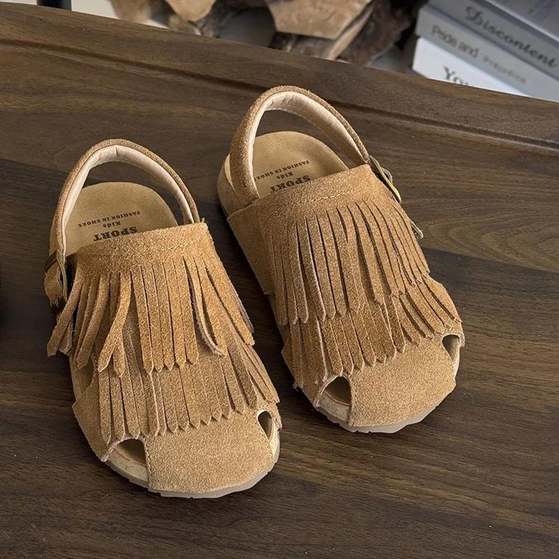 Genuine Leather Summer Kids Sandals For Girls Tassels Closed Toe Kids Shoes Non-slip Fashion Toddler Children Beach Sandals