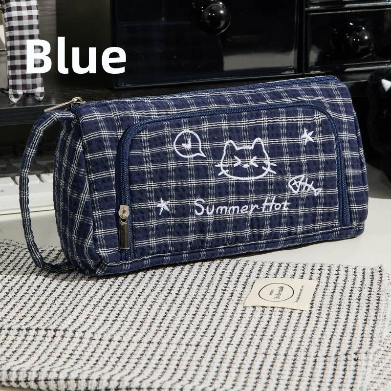 Canvas Cat Pattern Embroidered Large Capacity Pen Case With Stylish Design For Students And Office Use