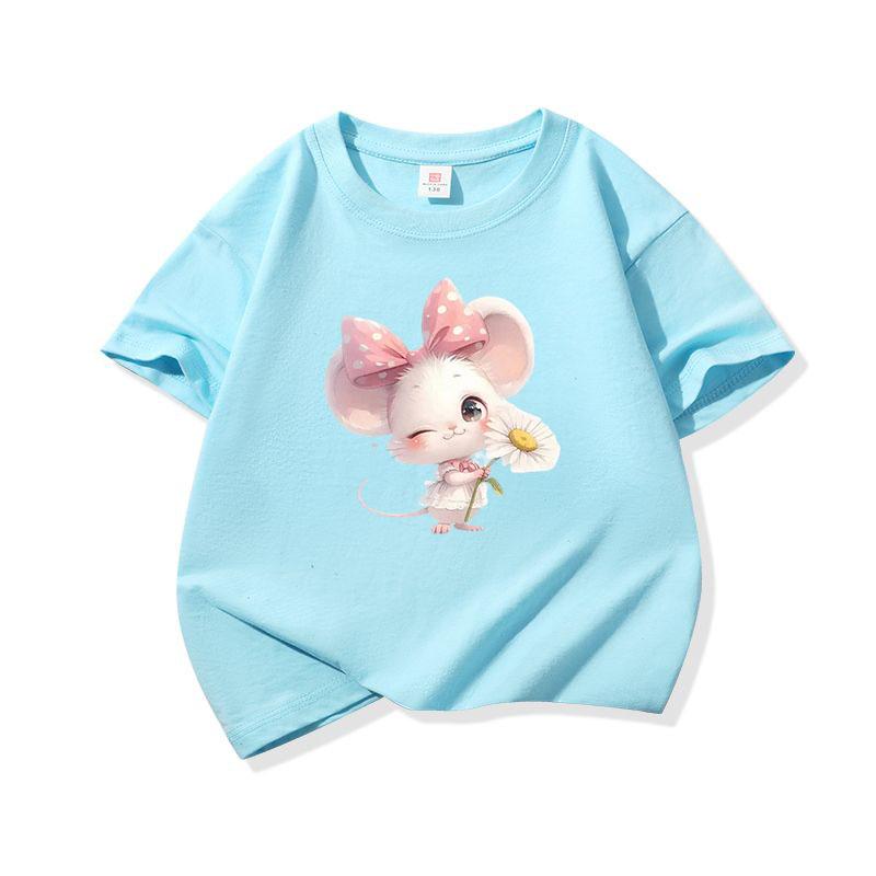 Kids Cotton T Shirt Adorable Mouse With Bow  Flower Print Crew Neck Short Sleeve Tee Casual Boys Girls Summer Tops