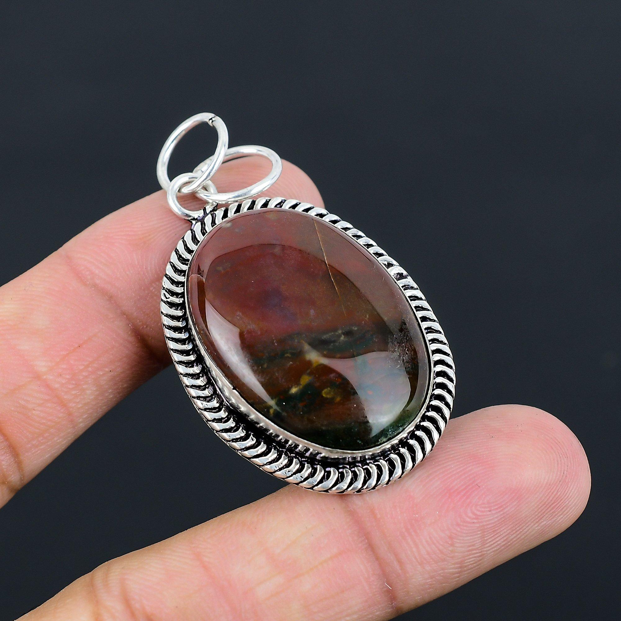 Sterling Silver Oval March Bloodstone Gemstone Mother Wedding Pendant Jewelry