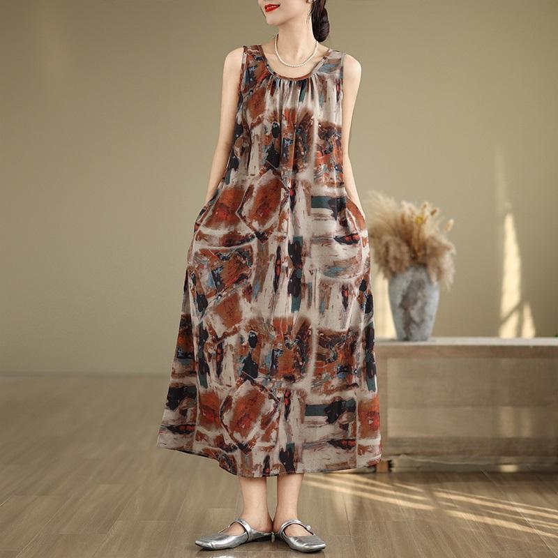Sleeveless Plus Size Vintage Stripe Floral New In Dresses for Women Casual Loose Long Summer Dress