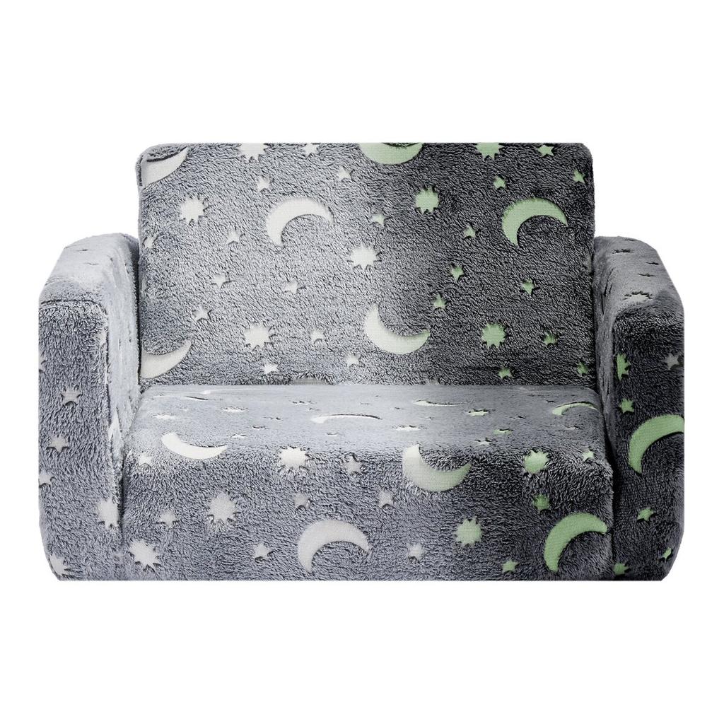 2-in-1 Kids Sofa, Foldable Toddler Soft Couch with Armrests, Glow in the Dark Kids Couch Fold Out with 28D Sponge & Flannel, Convertible Toddler Chair