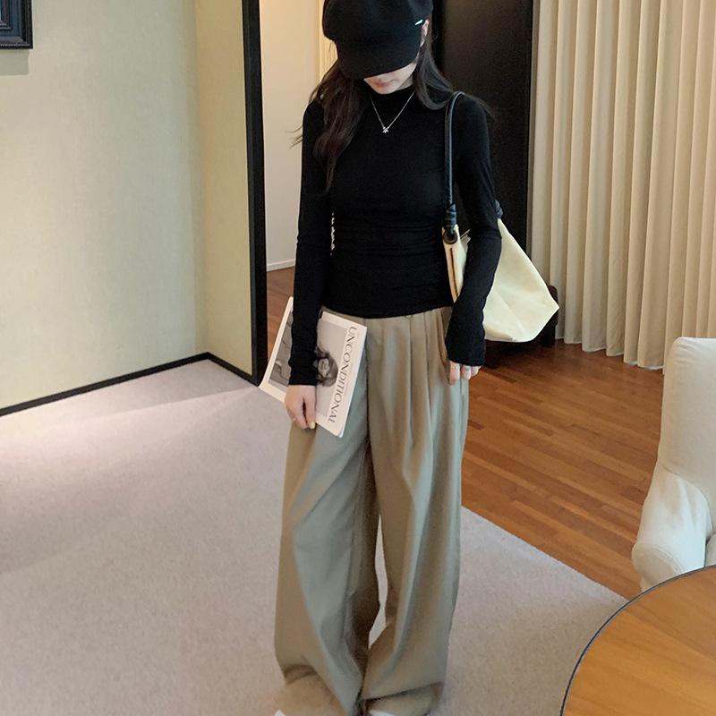 Halvpolo plisserad design midjeslimmande slimmande bas-tröja för kvinnor höst och vinter ny enfärgad långärmad T-shirt topp