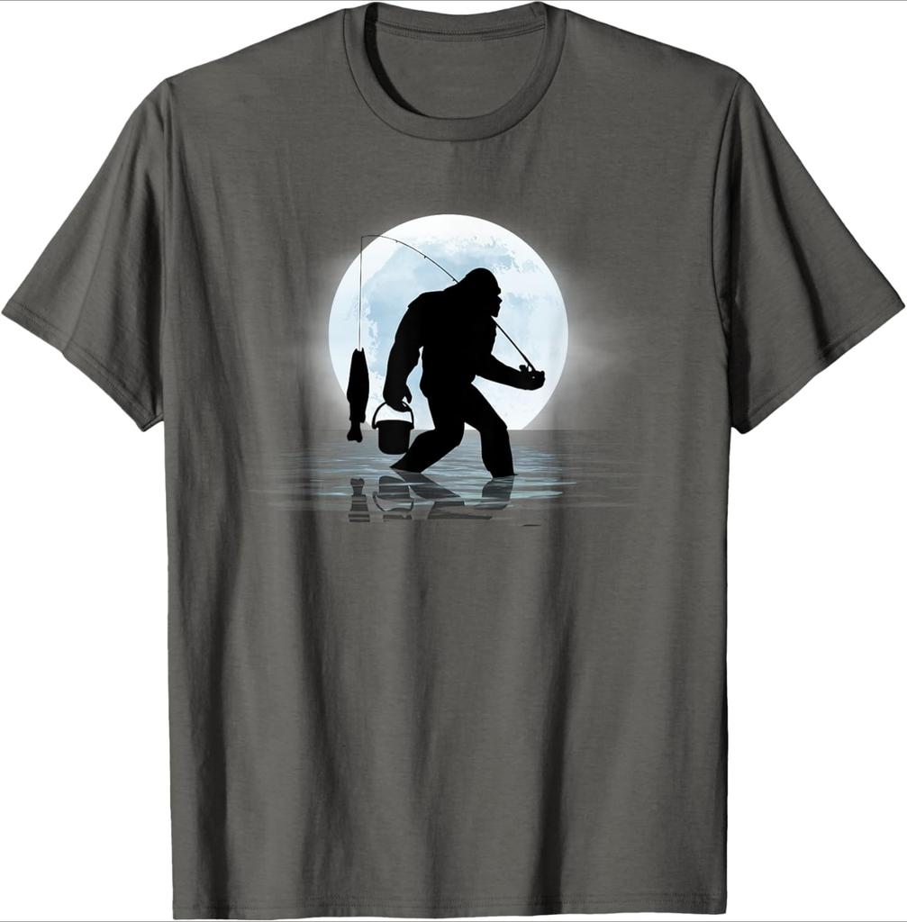 Bigfoot Fishing Funny Sasquatch and Fish Night Fishing design100 cotton Oneck short sleeve casual printed Unisexs Tshirt