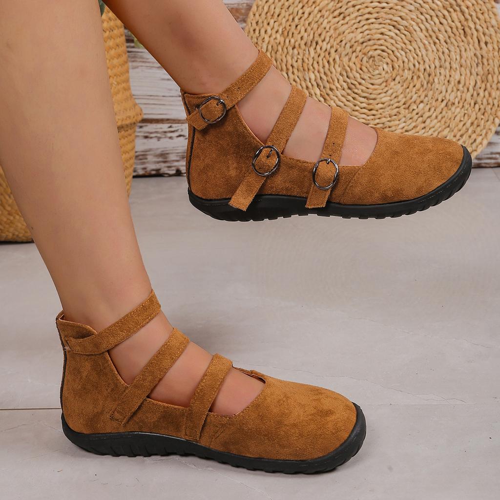 Retro Women's Loafers Plus Size Square Toe Flats Suede Slip-On Shoes Vintage Two Buckle Casual Ballet Pumps