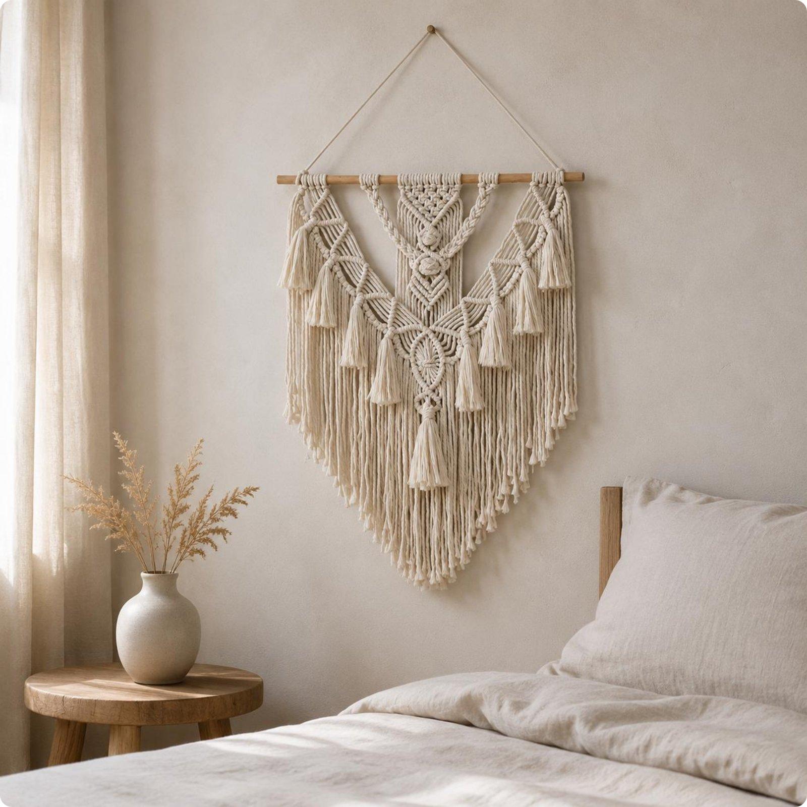 Woven Wall Tapestry Nordic Design Boho Tapestry Boho Wall Hanging Wooden Rod Tassel Details бежевый