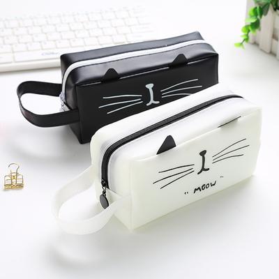 Pencil Bag with Handle Large Capacity Smooth Zipper Faux Leather Cute Cat Ears Design Students Stationery Storage Bag Daily Use