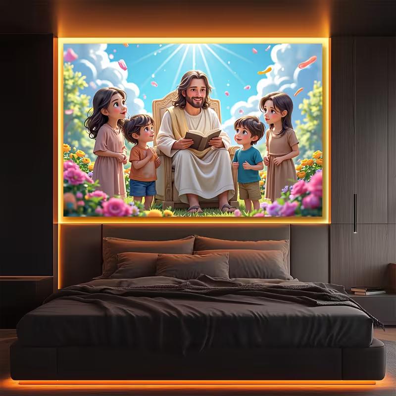 2D Jesus and Children Background Cloth Christian Faith Wall Hanging Tapestr