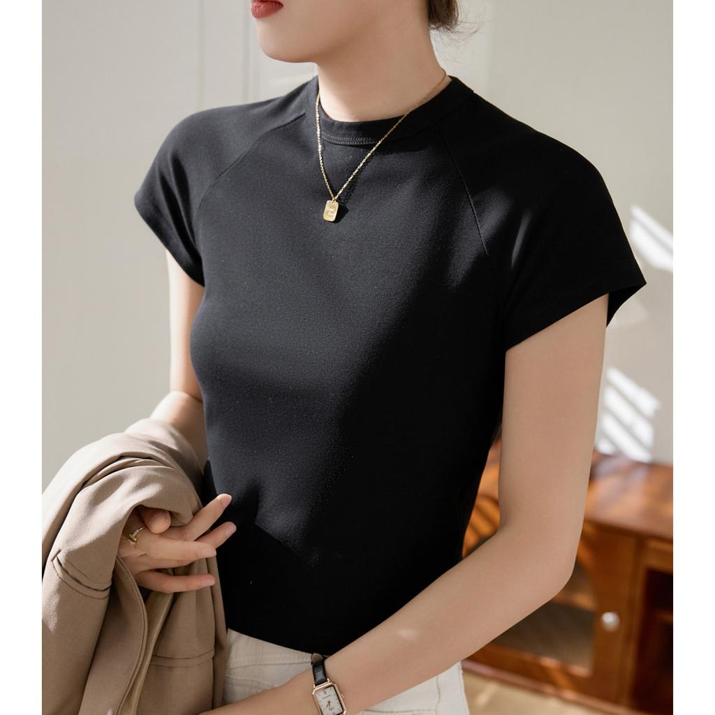 Pure Cotton High-waisted Short T-shirt for Women Summer 2024 New Round Neck Raglan Top Short-sleeved Bottoming Shirt