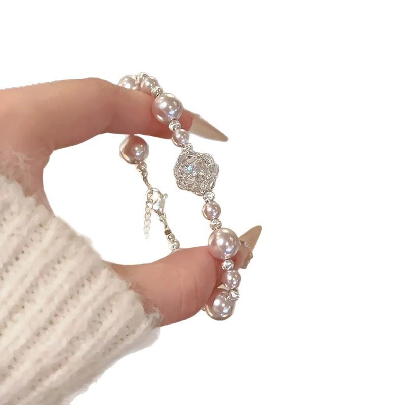 Exquisite French-Style Beaded Zircon & Pearl Flower Bracelet