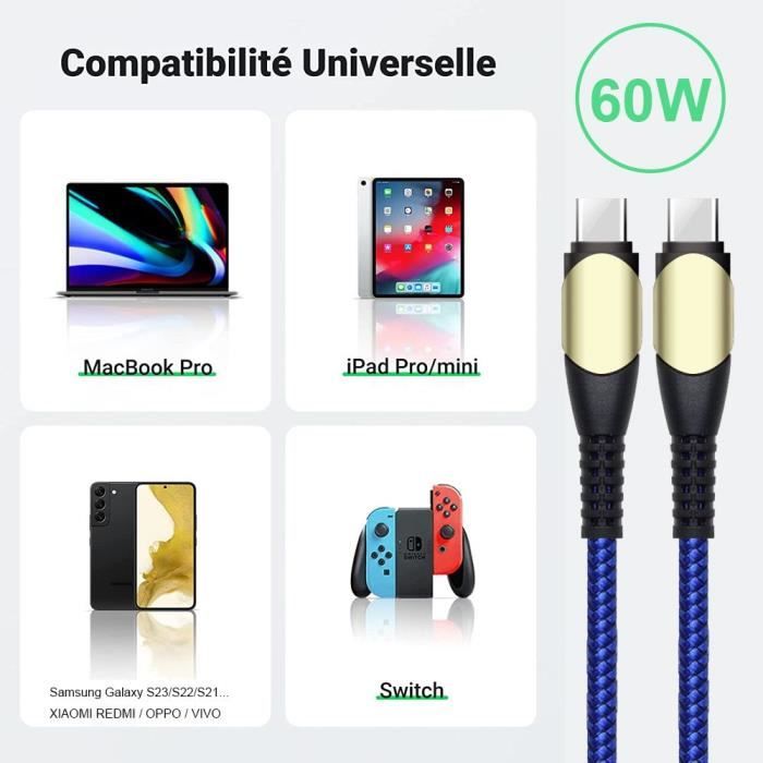 Câble USB-C - BOOLING - Charge Rapide 60W - Nylon Tressé - 1M - Compatible Samsung Galaxy A16 A26 A36 A56
