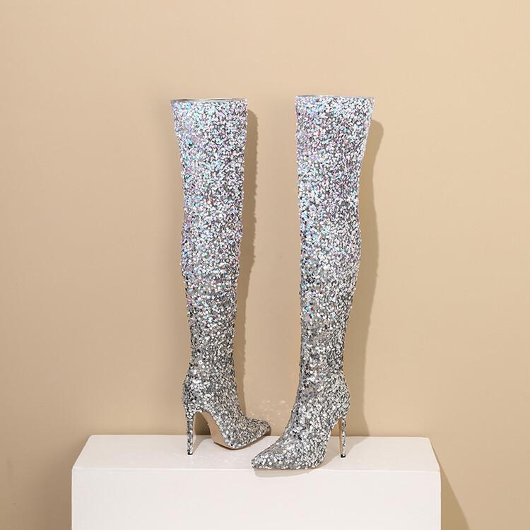 

Women s Boots Shiny Gradient Sequin High Heels 11CM Over-the-Knee Boots Elegant Pointed Toe Thin Heel Side Zipper Women Shoes 39 срібний