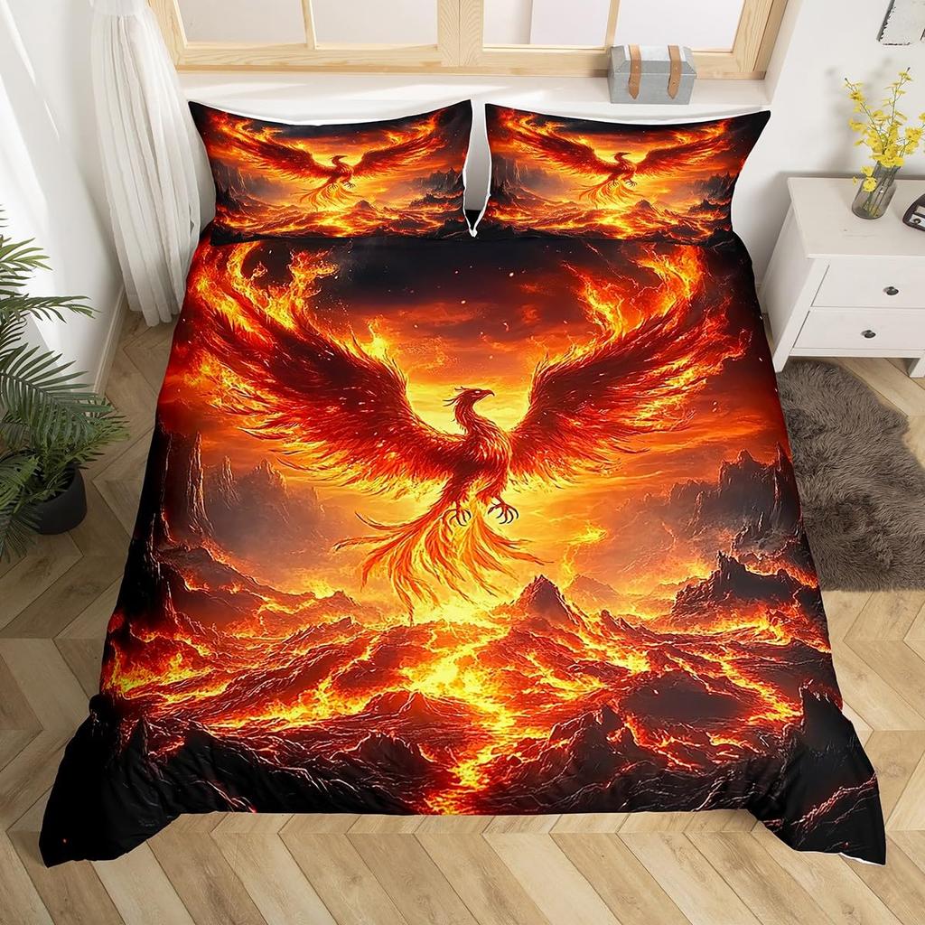 Colorful Phoenix Duvet Cover Set Cartoon Birds Bedding Set Full King Size Microfiber Flame Wings Comforter Cover For Boys Girls