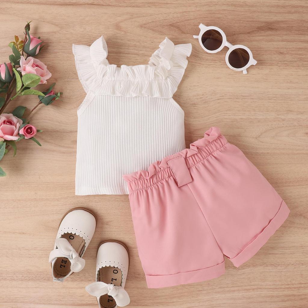 Toddler Girls Summer Outfit Sets White Sleeveless Ruffle Ribbed Tops + Solid Color Shorts