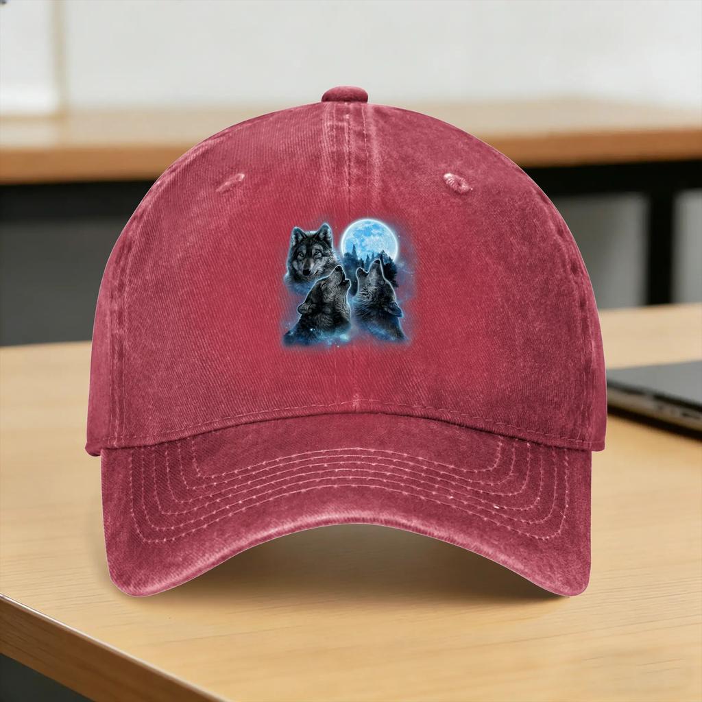 Three Wolves Howling Under ICY Full Moon Gray Wolf Casual Baseball Cap Spring Trucker Hat Adjustable Tennis Skate Hip Hop Hats