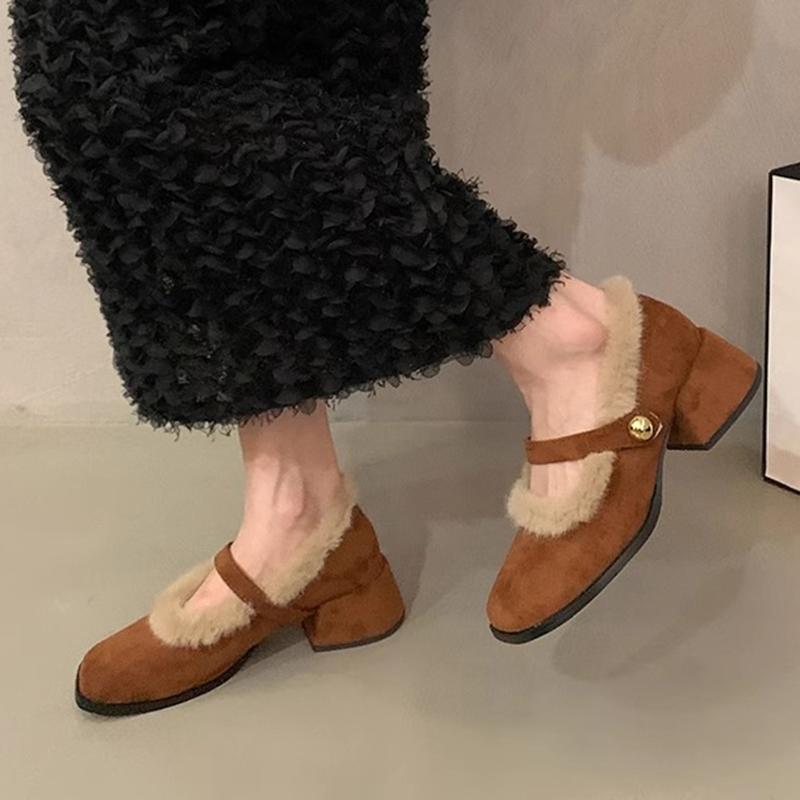 Elegant Chunky Heel Furry Pumps for Women Retro Square Head Plush Mary Jane Shoes Fashion Suede Middle Heeled Women Dress Shoes