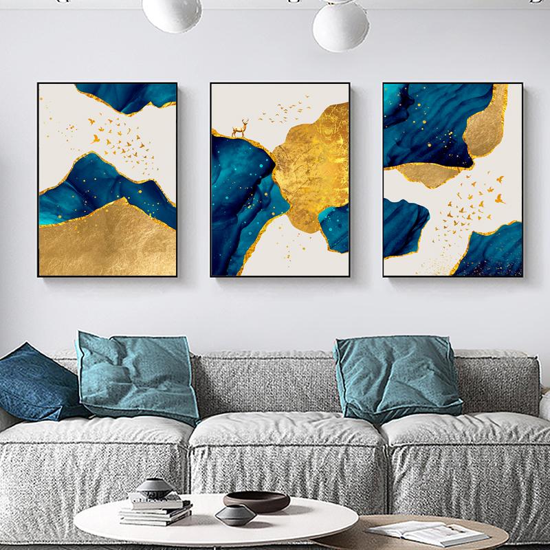 

Nordic Abstract Navy Blue Block Wall Art Canvas Живопись Роскошный золотой олень Плакат и принты Картина для гостиной домашний декор