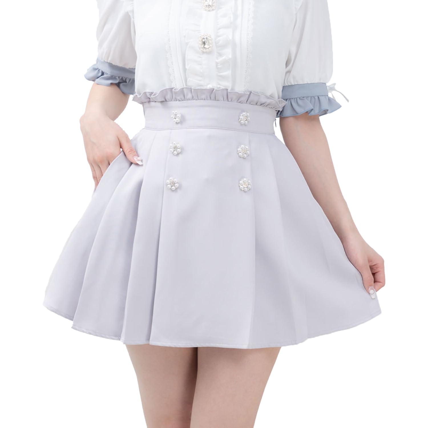 

[Yumetenbo] Landmine Clothing [Dear My Love] Women s Big Ribbon Bijou Skirt 533338 Short Blue Gray Yumetenbo