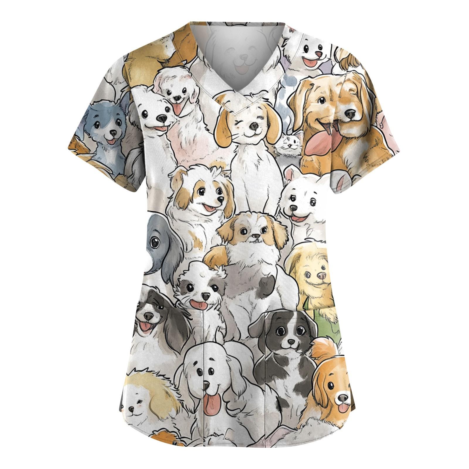 

Женская мода с коротким рукавом, симпатичным принтом животных, V-образным вырезом, карманом, рабочая одежда, топы S хаки