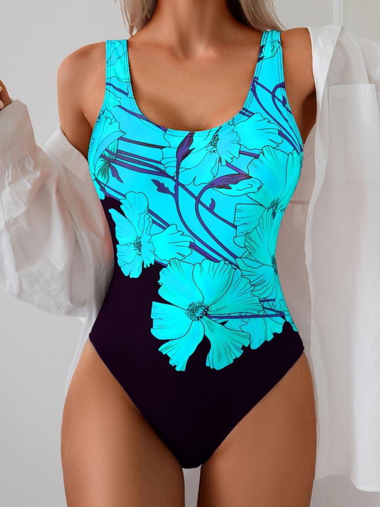 Damski strój kąpielowy jednoczęściowy Slim Fit Wyszczuplający talię Okrągły dekolt Kwiatowy nadruk Czarny z różowymi kwiatami Wysoka elastyczność Strój kąpielowy na plażę basen lato