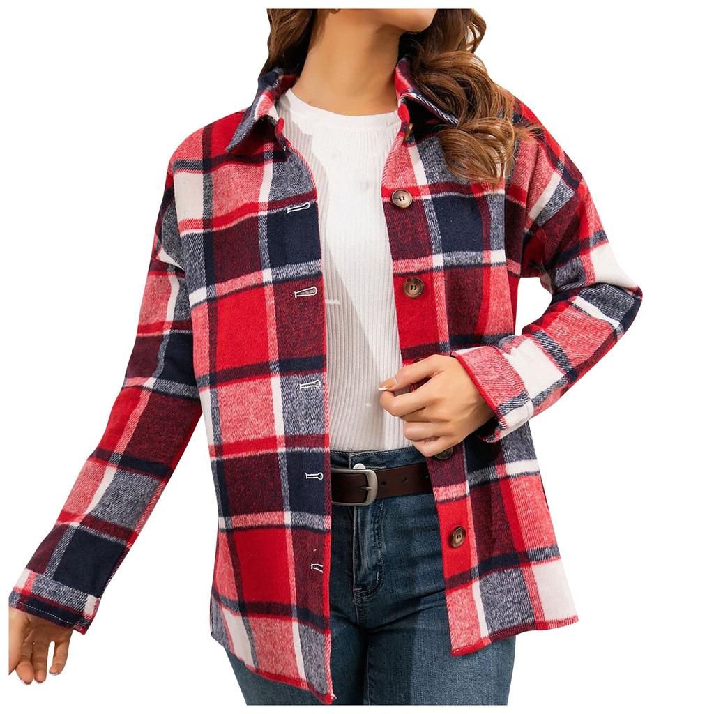 Fashion Women's  Casual Loose Grinding Wool Plush Plaid Long-sleeved Shirt Jacket