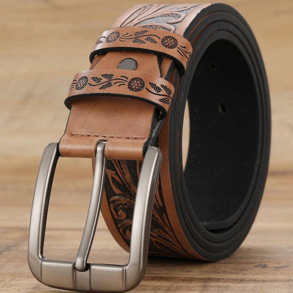 [Lamerry] Western Belt, American Casual Style Belt, Patterned, Vintage, Perfect for Jeans, Chinos, Denim, Men's, Brown, Beige, 120cm