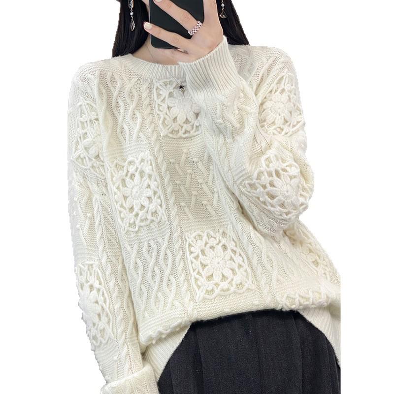 Women's 100% Pure Wool Crochet Loose Round-Neck Sweater - Heavy-Duty Trendy Base Layer