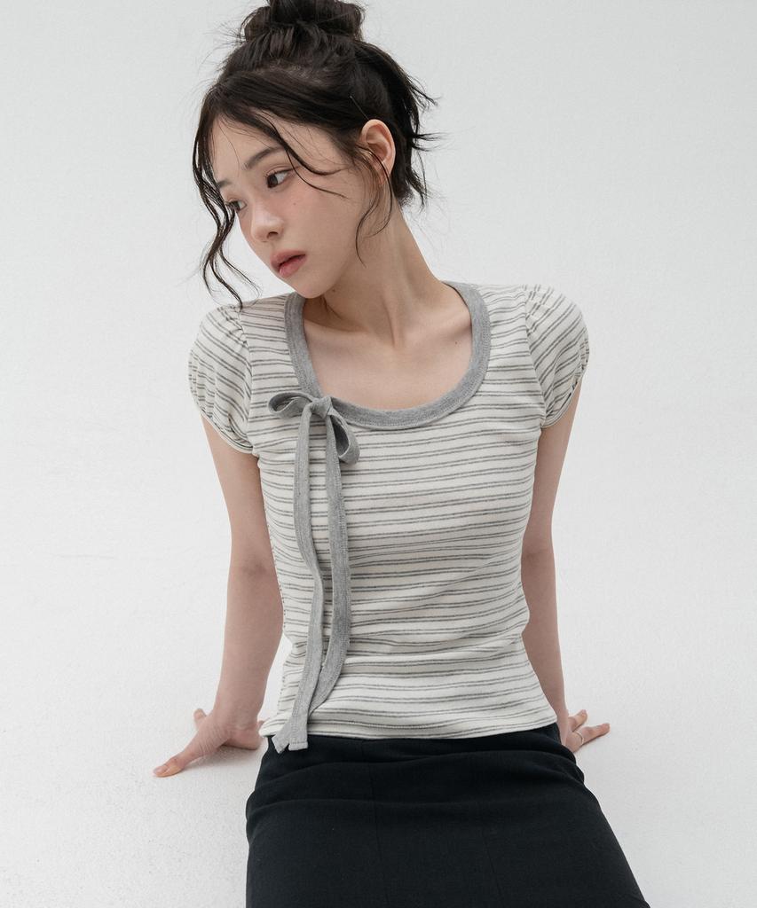 HIGH SCHOOL DISCO Striped Ribbon Puff Sleeve Short Sleeve_Melange Gray