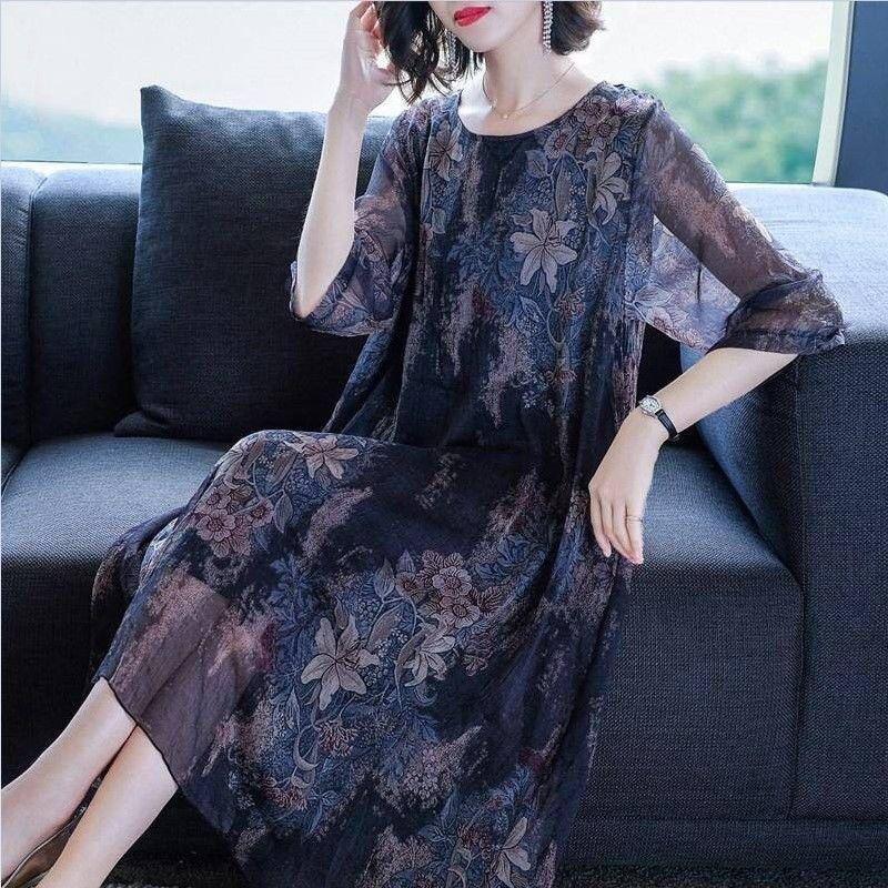 Middle-aged mother mesh dress 2026 summer new large-size women's clothing medium and long loose belly covering and thin skirt