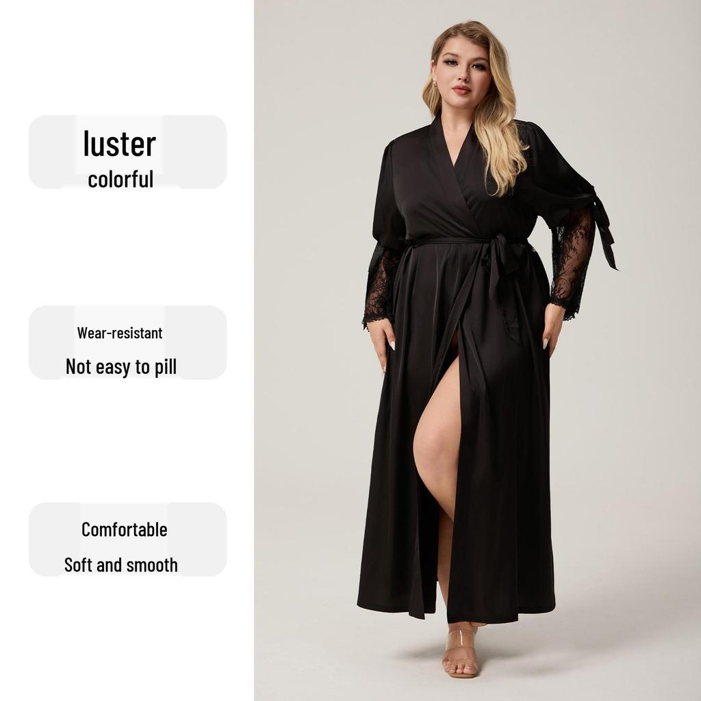 Yaoting Satin Chiffon Spitzenbesatz Übergröße Damen Morgenmantel - Langarm Frühling/Herbst Pyjama, CP3815