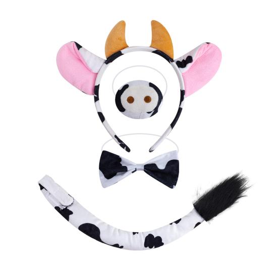 Cow Ears Hair Hoop Set with Bendable Tail Adults Teens Farm Animal Costume Set Black White Cow Accessories