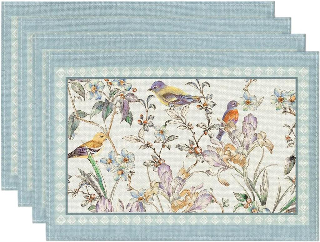 Set di 4 Sottopiatti Uccelli Blu Fiori in Fiore, 30x45 cm Tappetini da Tavola per Runner da Tavola Festa Cucina Sala da Pranzo Decorazione