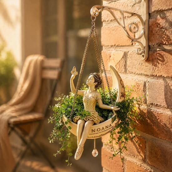 Artistic Floral Container Ballet Dancer Hanging Planter, Ballerina Sitting on Crescent Plant Pot, Decorative Cute Garden Ornament Resin Flower Pot for
