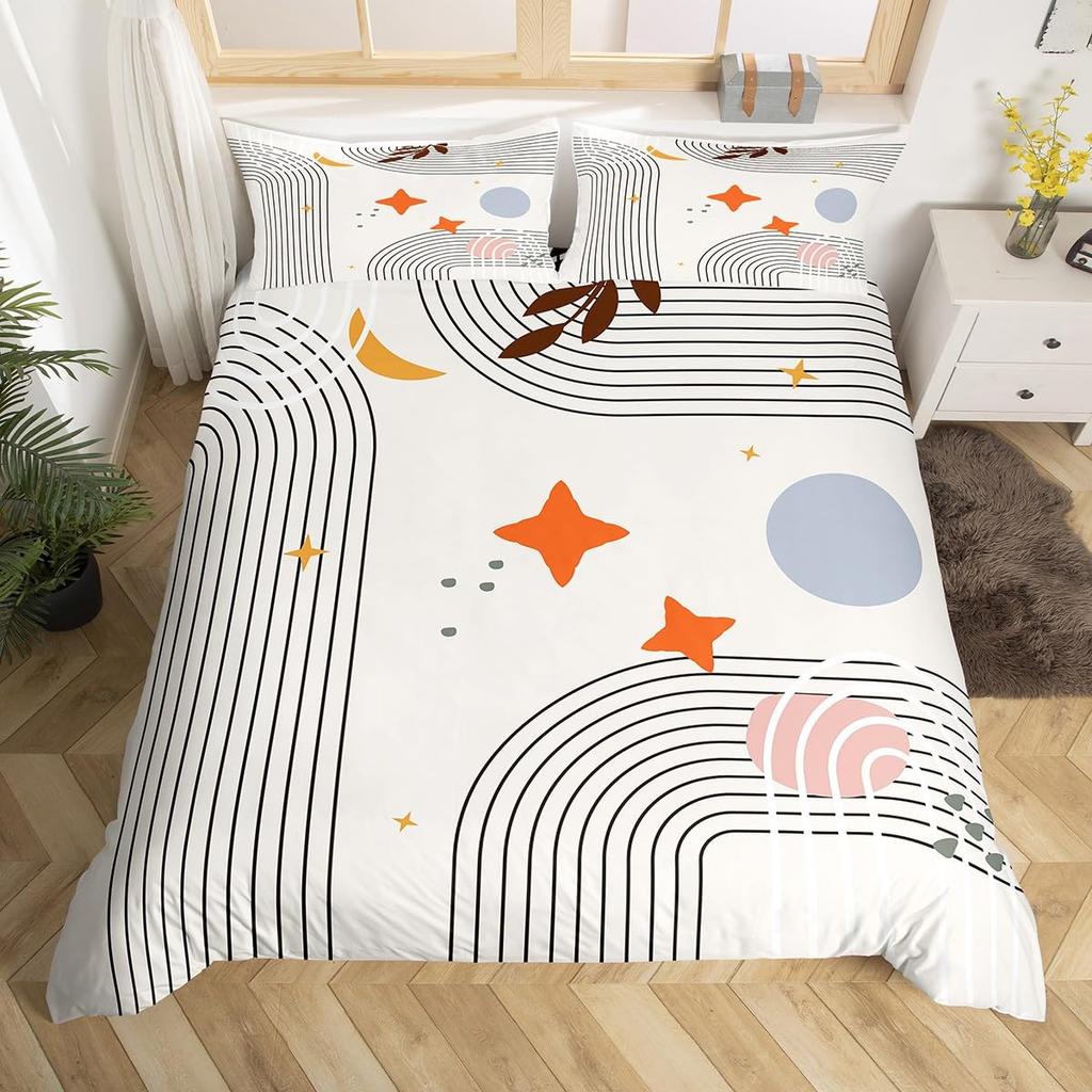 Abstract Red Sun Geometric Lines Duvet Cover Aesthetic Bedding Set Vintage Minimalist Comforter Cover Modern Circle Quilt Cover