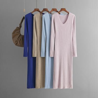 Fall Winter Lazy Wind Loose V-Neck Sweater Dress Women's Long Sleeve Straight Knit Pit Strip Wide Dresses
