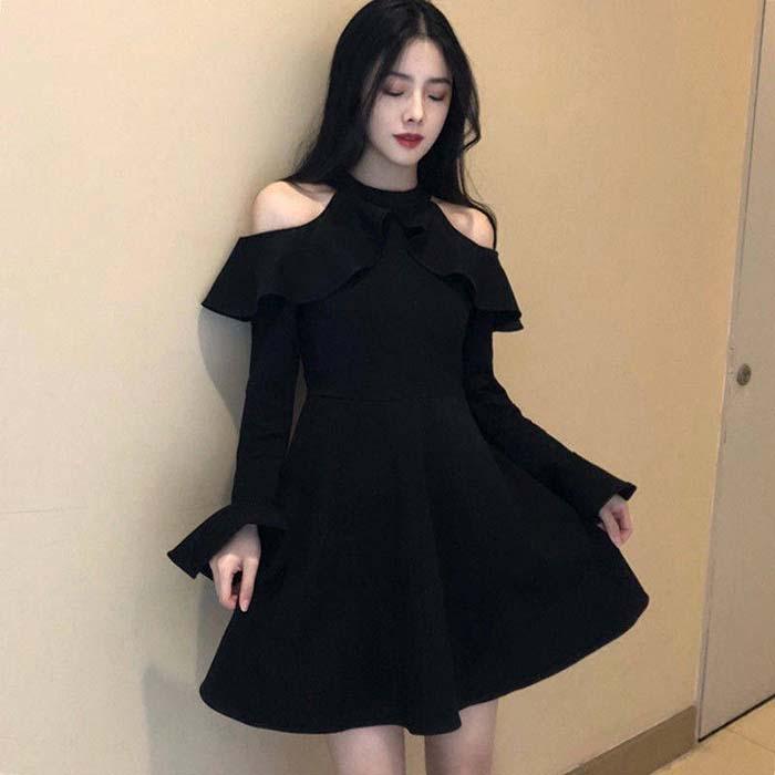 Pofulove S-2XL Damen O-Ausschnitt, schulterfreies A-Linien-Kleid, schmal, sexy, lange Ärmel, mittellanges schwarzes Kleid